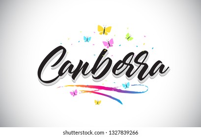 Canberra Handwritten Word Text with Butterflies and Colorful Swoosh Vector Illustration Design.