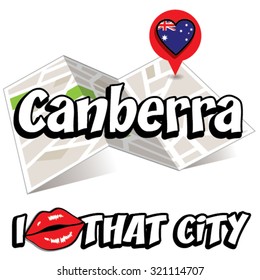 Canberra. I Love That City. Vector Illustration with country flag.