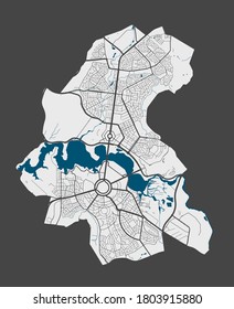 Canberra map. Detailed vector map of Canberra city administrative area. Poster with streets and water on grey background. svg