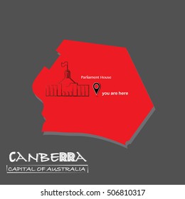 Canberra-Capital of Australia map Vector illustration-You are Here-Parliament building, isolated 3d look political map