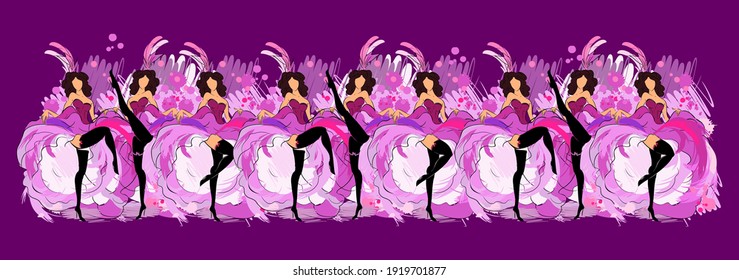 Cancan dancers in purple dresses in sketch style