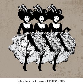 Cancan Dancing Girls. Vector Illustration In Vintage Style. Dancing Women In Laced Skirt And Hat With Feathers On Grunge Background.