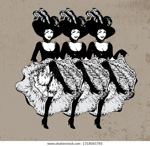 Cancan dancing girls. Vector illustration in\
vintage style. Dancing women in laced skirt and hat with feathers\
on grunge background.