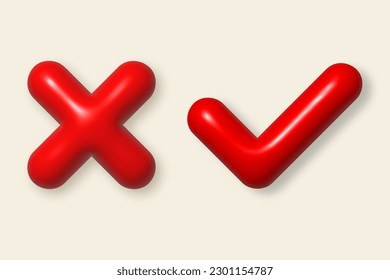 Cancelar y aceptar iconos 3d. Marca de verificación roja y elemento de diseño de dibujos animados cruzados 3d. Ilustración vectorial.