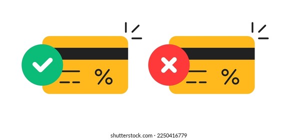 cancel and approved credit card payment icon. flat cartoon style graphic mobile app design element isolated on white background. e-commerce logotype for retail service or internet banking symbol