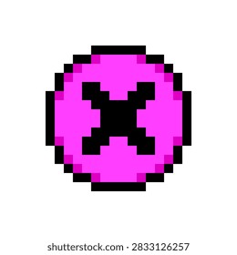 Cancel button close delete cross mark pixel art style icon pink round shape. Button letter X cross pixelated game menu control UI asset isolated white background