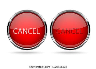Cancel buttons. Round red 3d icons with chrome frme. Vector illustration isolated on white background