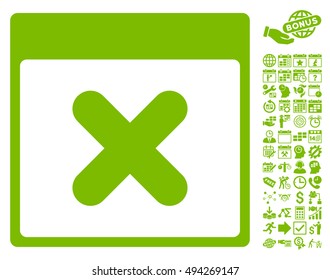 Cancel Calendar Page icon with bonus calendar and time management pictogram. Vector illustration style is flat iconic symbols, eco green color, white background.