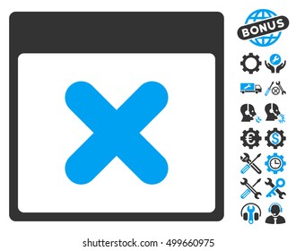 Cancel Calendar Page icon with bonus setup tools images. Vector illustration style is flat iconic symbols, blue and gray, white background.