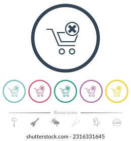 Cancel cart flat color icons in round outlines. 6 bonus icons included.