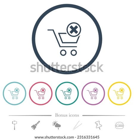 Cancel cart flat color icons in round outlines. 6 bonus icons included.