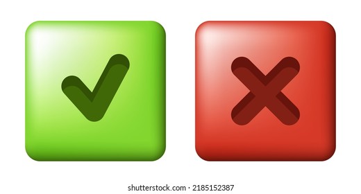 Cancel and Check mark. Cross and Tick symbols. Set of red and green 3d icons. Vector clipart isolated on white background.
