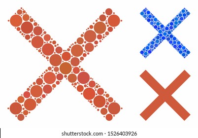Cancel composition for cancel icon of small circles in different sizes and color tints. Vector small circles are combined into blue mosaic. Dotted cancel icon in usual and blue versions.