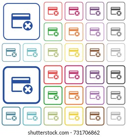 Cancel credit card color flat icons in rounded square frames. Thin and thick versions included.