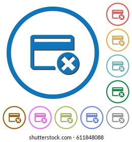 Cancel credit card flat color vector icons with shadows in round outlines on white background