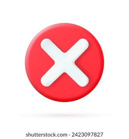 Cancel cross icon isolated over white background. 3D rendering. Red cross check mark icon button and no or wrong symbol on reject cancel sign button. Vector illustration