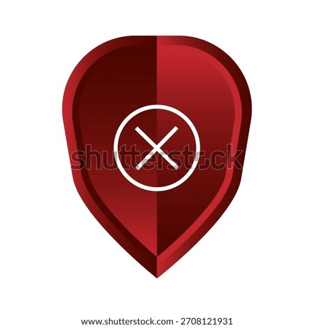 Cancel cross icon. Red shield symbol. Stop access vector. Reject mark badge.
