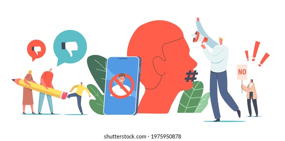 Cancel Culture Ban Concept. Characters Erasing Person with Huge Pencil Eraser, Tiny Activists with Loudspeaker against Erase Identity, Riot at Huge Smartphone. Cartoon People Vector Illustration