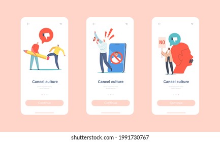 Cancel Culture Ban Mobile App Page Onboard Screen Template. Characters Erasing Person With Pencil Eraser, Activist With Loudspeaker Against Erase Identity Concept. Cartoon People Vector Illustration