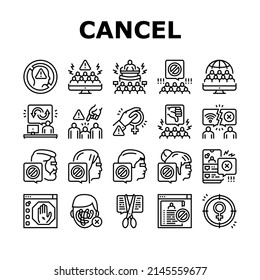 Cancel Culture And Discrimination Icons Set Vector. Cancel Male And Female Person, Backlash People And Social Boycott Problem, Harassment And Sexism Society Reaction Black Contour Illustrations