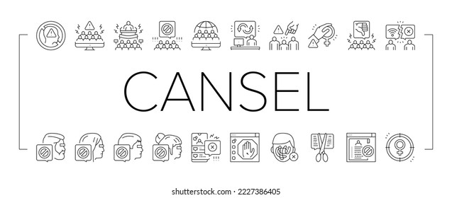 Cancel Culture And Discrimination Icons Set Vector. Cancel Male And Female Person, Backlash People And Social Boycott Problem, Harassment And Sexism Society Reaction Black Contour Illustrations