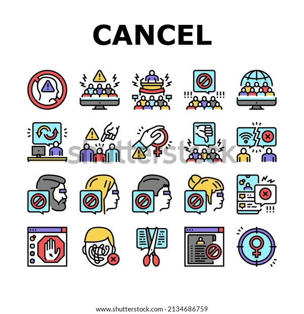 Cancel\
Culture And Discrimination Icons Set Vector. Cancel Male And Female\
Person, Backlash People And Social Boycott Problem, Harassment And\
Sexism Society Reaction Color\
Illustrations