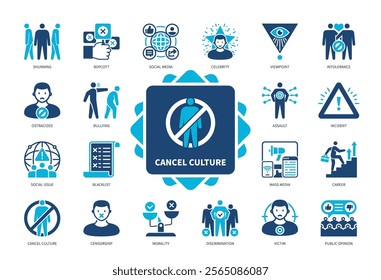 Cancel Culture icon set. Shunning, Social Media, Assault, Ostracized, Public Opinion, Intolerance, Victim, Morality. Duotone color solid icons