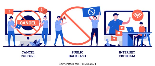 Cancel culture, public backlash, Internet criticism concept with tiny people. Social media behavior vector illustration set. Group shaming, boycott, hate speech, bias and discrimination metaphor.