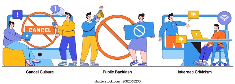 Cancel Culture, Public Backlash, Internet Criticism Concept With Tiny People. Social Media Behavior Vector Illustration Set. Group Shaming, Boycott, Hate Speech, Bias And Discrimination Metaphor.