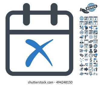 Cancel Day icon with bonus calendar and time management icon set. Vector illustration style is flat iconic bicolor symbols, smooth blue colors, white background.