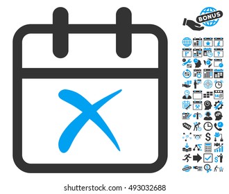 Cancel Day pictograph with bonus calendar and time management graphic icons. Vector illustration style is flat iconic bicolor symbols, blue and gray colors, white background.