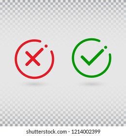 Cancel decline. Check marks set on transparent background. YES or NO accept and decline symbol. Green tick and red cross in circle shapes. Vector icons for internet buttons or web page. Vector