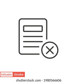 Cancelar el icono de la línea del documento. Estilo de contorno simple. Cruzar, eliminar, negar, página, error, concepto de error. Símbolo de línea delgada. Ilustración vectorial aislada en fondo blanco. EPS de trazo editable 10.