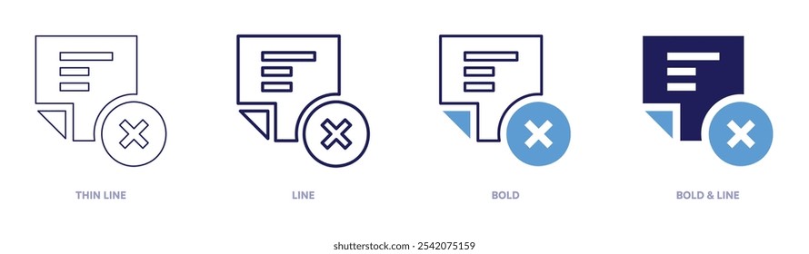 Icono de cancelación de documentación en 4 estilos diferentes. Línea delgada, línea, negrita y línea negrita. Estilo duotono. Trazo editable.