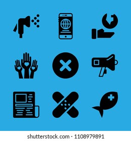 cancel, ecology, hands with hearts, patch, fish, smartphone, news paper, megaphone and watering vector icon. Simple icons set