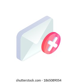Cancel email, unsubscribe isometric icon, decline mail message sign with red cross x checkmark. 3d Delete e-mail, rejected letter symbol. Social network, sms chat, spam vector illustration.
