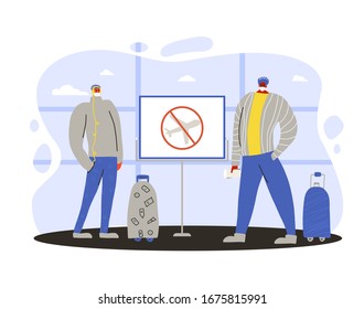 Cancel flight to prevent the spread of the coronavirus. sign. notice about not to travel. Boys in white medical face mask standing at airport. Two friends protecting from virus infection. Vector