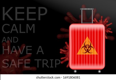 Cancel flights to stop COVID-19. Red travel bag with palms leaves. Novel corona virus disease COVID-19, 2019-nCoV, MERS-Cov. Suitcase with stop symbol. Restrict travel to stop COVID-19,