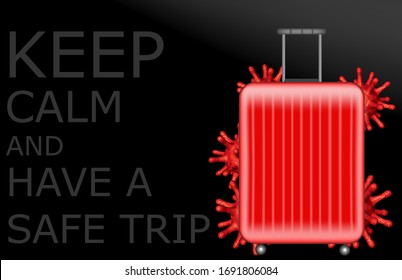 Cancel flights to stop COVID-19. Red travel bag with palms leaves. Novel corona virus disease COVID-19, 2019-nCoV, MERS-Cov. Suitcase with stop symbol. Restrict travel to stop COVID-19,