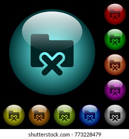 Cancel folder icons in color illuminated spherical glass buttons on black background. Can be used to black or dark templates