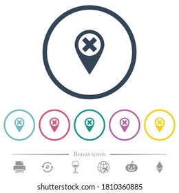Cancel GPS map location flat color icons in round outlines. 6 bonus icons included.