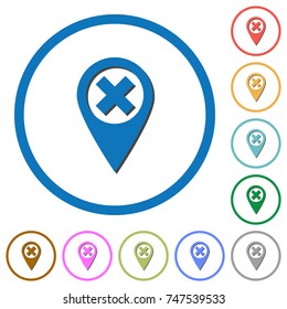 Cancel GPS map location flat color vector icons with shadows in round outlines on white background
