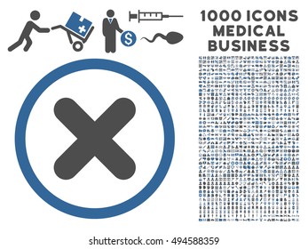 Cancel icon with 1000 medical business cobalt and gray vector pictographs. Collection style is flat bicolor symbols, white background.