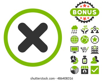 Cancel icon with bonus design elements. Vector illustration style is flat iconic bicolor symbols, eco green and gray colors, white background.