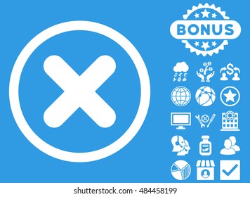 Cancel icon with bonus images. Vector illustration style is flat iconic symbols, white color, blue background.