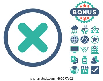 Cancel icon with bonus symbols. Vector illustration style is flat iconic bicolor symbols, cobalt and cyan colors, white background.