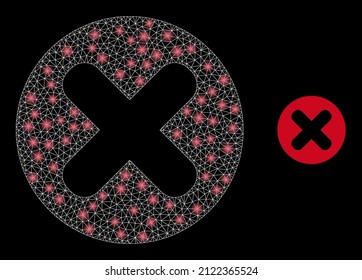 Cancel icon and glowing net mesh cancel structure with illuminated light spots. Illuminated model generated using cancel vector icon and polygonal mesh. Illuminated carcass cancel,