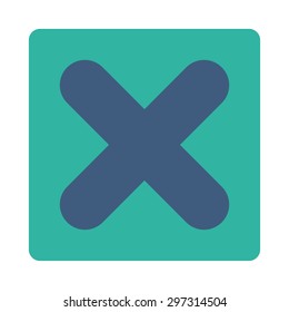 Cancel icon from Primitive Buttons OverColor Set. This rounded square flat button is drawn with cobalt and cyan colors on a white background.