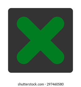 Cancel icon from Primitive Buttons OverColor Set. This rounded square flat button is drawn with green and gray colors on a white background.