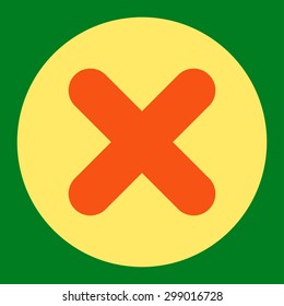 Cancel icon from Primitive Round Buttons OverColor Set. This round flat button is drawn with orange and yellow colors on a green background.